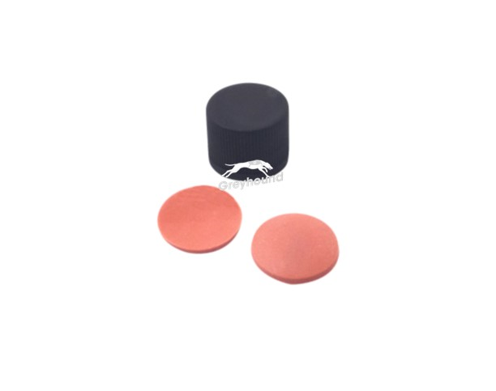 Picture of 8-425 Black Solid Top Polypropylene Screw Cap with PTFE/Natural Rubber Septa, 1.3mm, (Shore A 60)